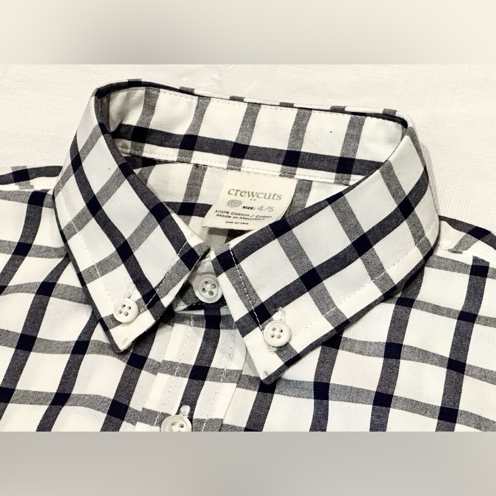 NEW J CREW DRESS SHIRT BOYS 4/5 CREWCUTS WHITE NAVY GRID BUTTON DOWN COLLAR
